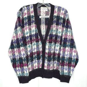 Vintage 80s Le Moda Cardigan Sweater M Black Purple Mohair Plaid Retro Preppy
